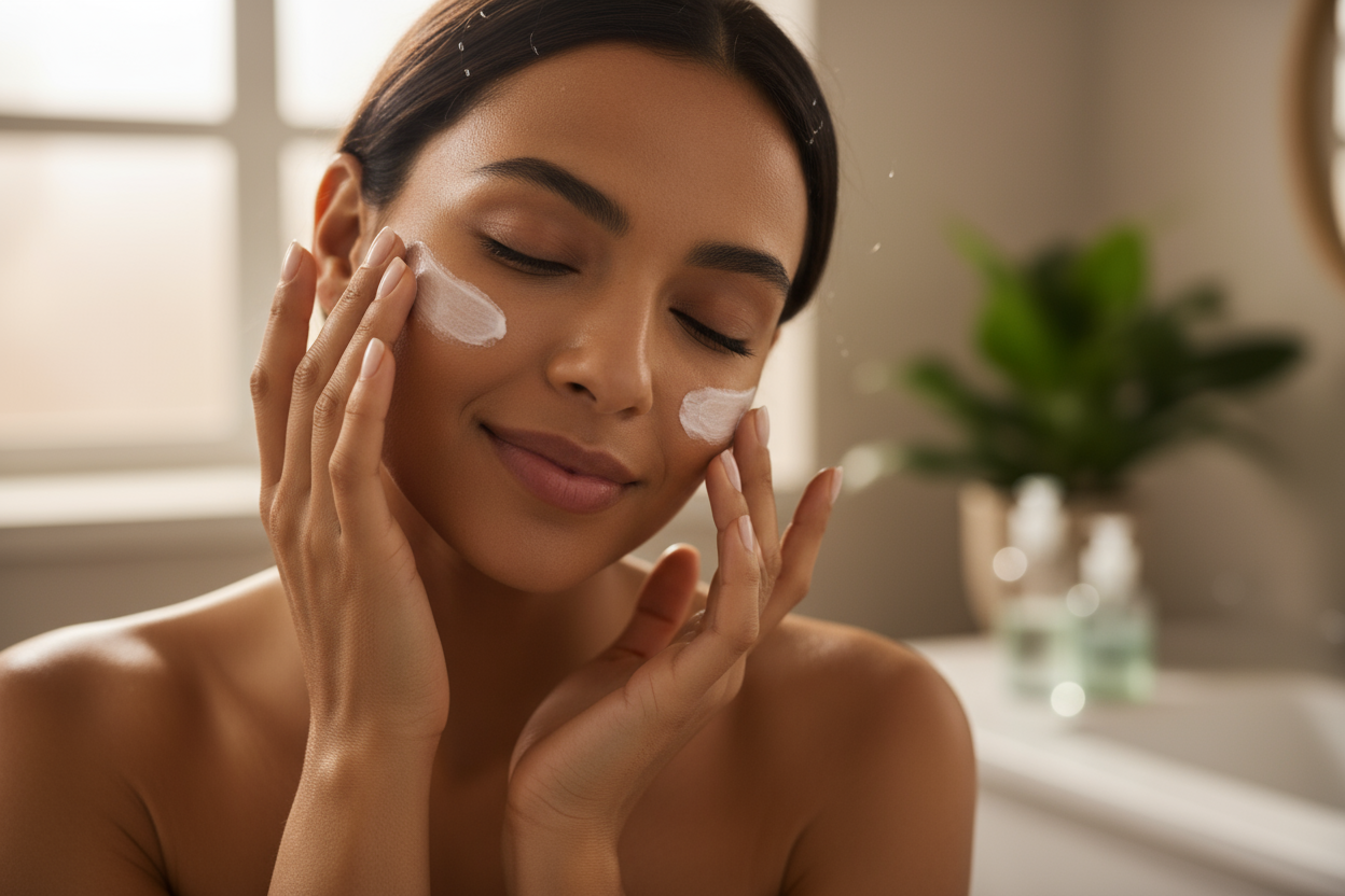 mujer morena cuidando su cara